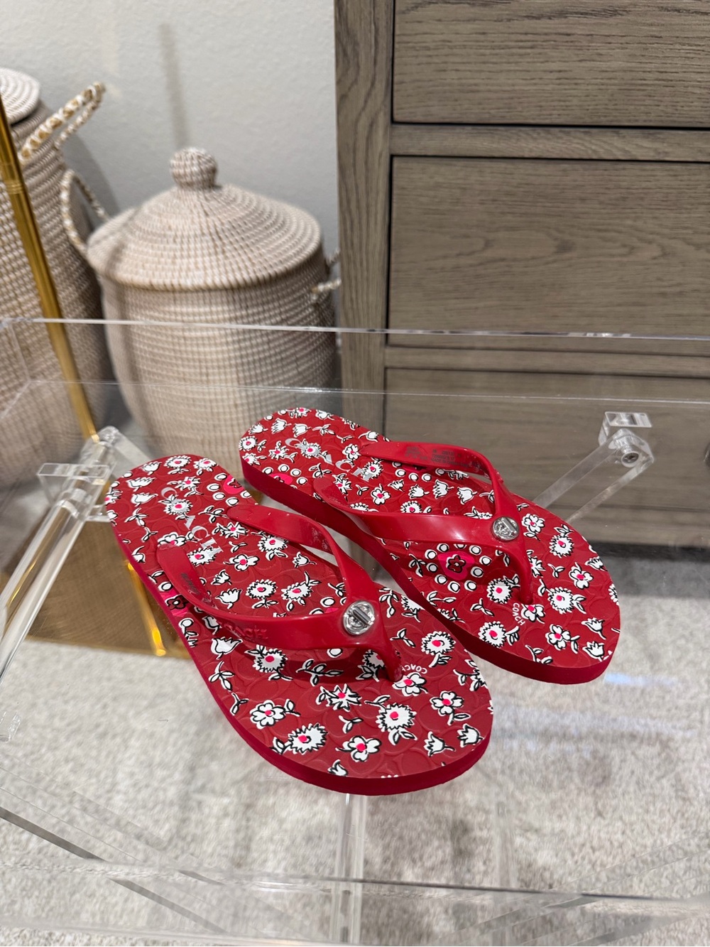 Coach Abbigail Red Floral Flip Flops